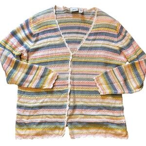 Vintage 80s G.W. Division of Graff Striped Crochet Pastel Cardigan Size Large